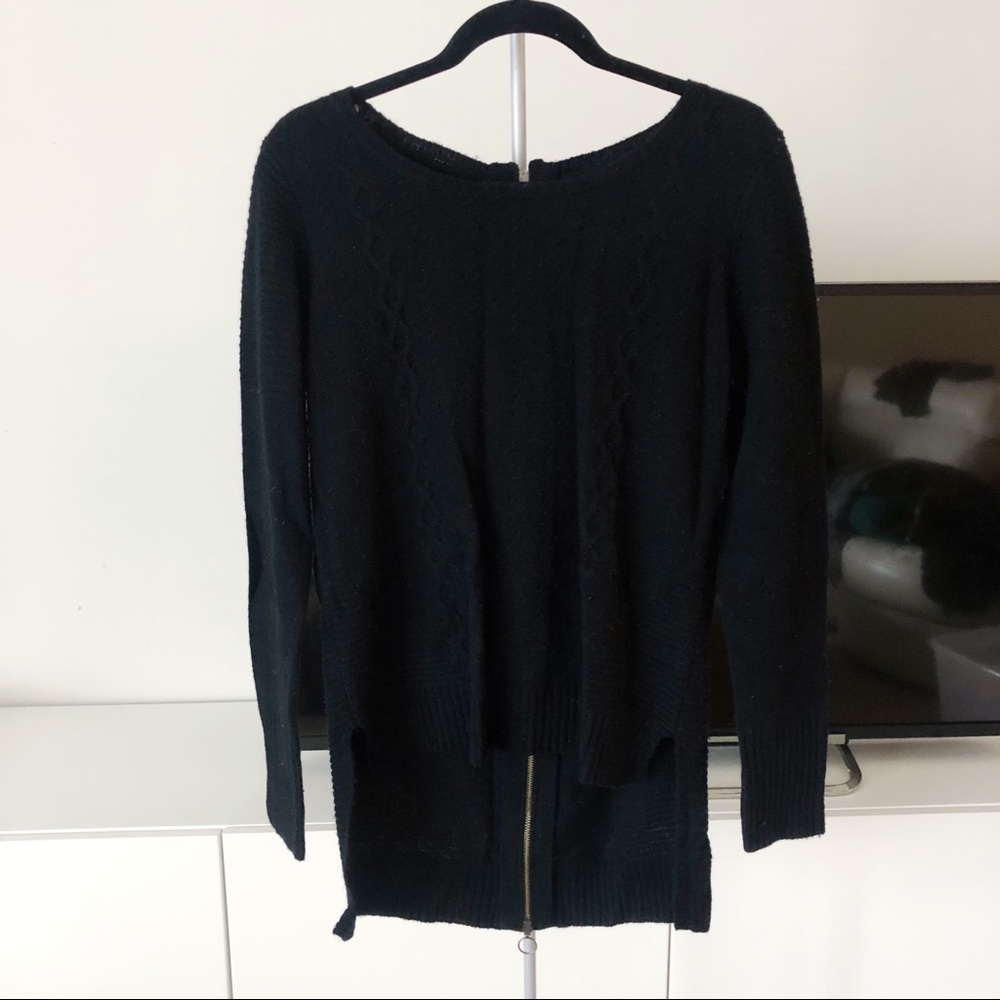 100% Merino Wool Black Asymmetrical High Low Round Zipper Zip Up Knit Sweater